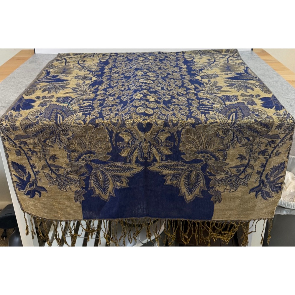 Navy Blue Gold Floral Jacquard Scarf Metallic Woven Fringe Wrap Pashmina Style